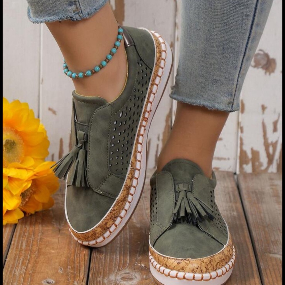 Unisex Green Faux Suede Oxfors Slip-On Flat Shoes with Tassles Size 7